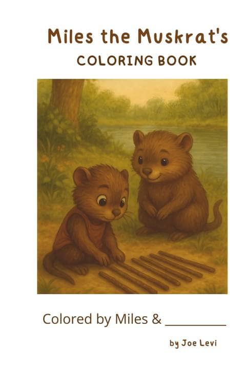 Cover of Miles the Muskrat Coloring Book: two muskrats arranging sticks on a riverbank